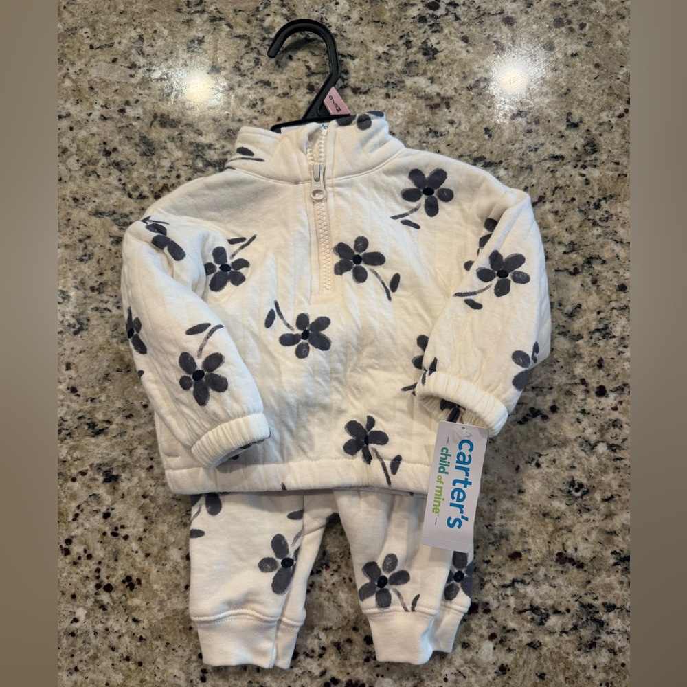 Carter's Baby Floral Fleece Set NWT - White with Gray Flowers